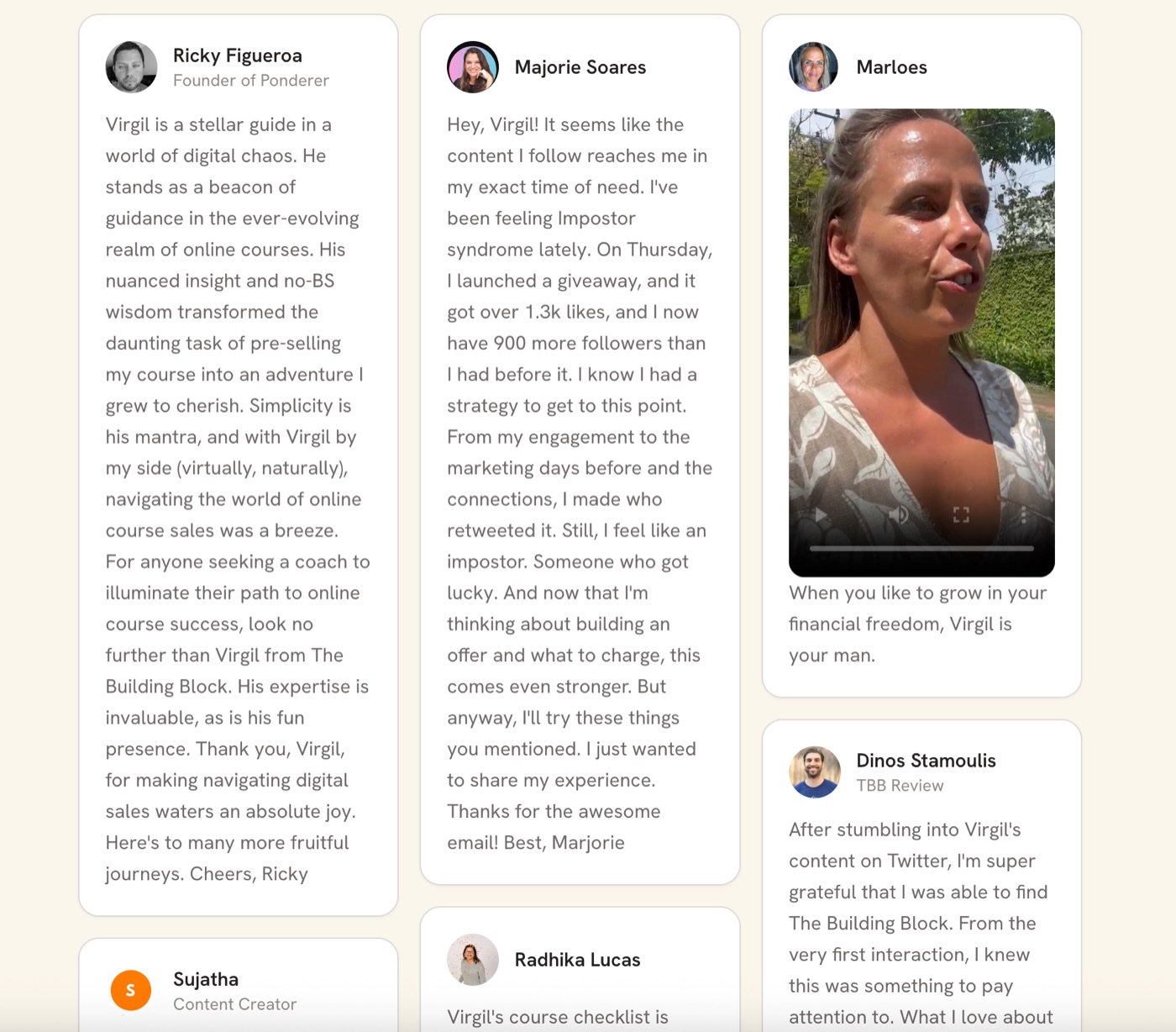 Mixed wall of written and video testimonials from clients of an online business coach
