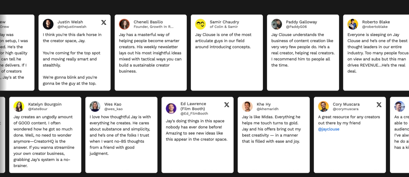 Dark-themed wall of imported X (Twitter) posts from creators praising a newsletter author