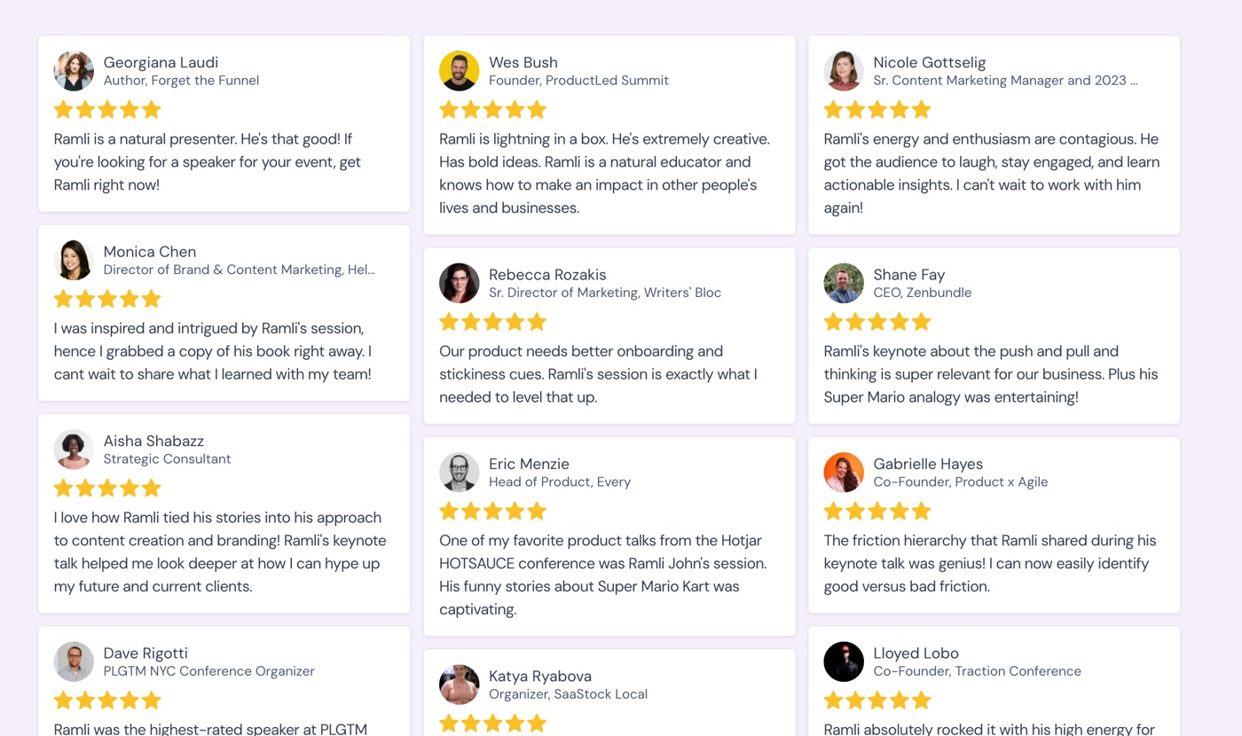Grid of five-star testimonials from marketing leaders recommending a keynote speaker